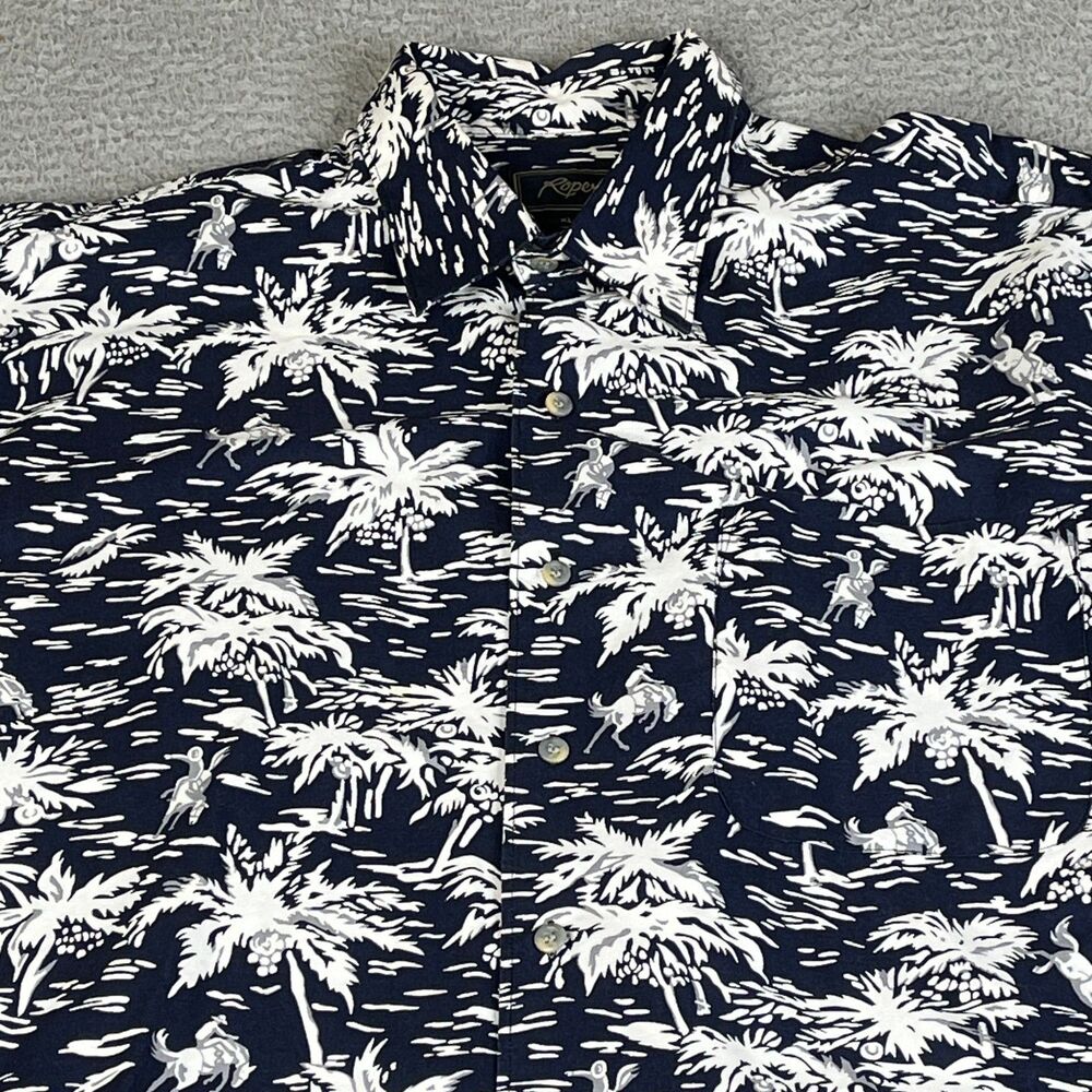 ROPER Shirt Mens XL Navy White Palm Tree Print Western Cowboy Rodeo Rancher